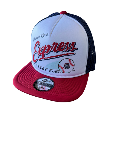 Round Rock Express New Era Youth White/Navy Mesh Retro Script 950