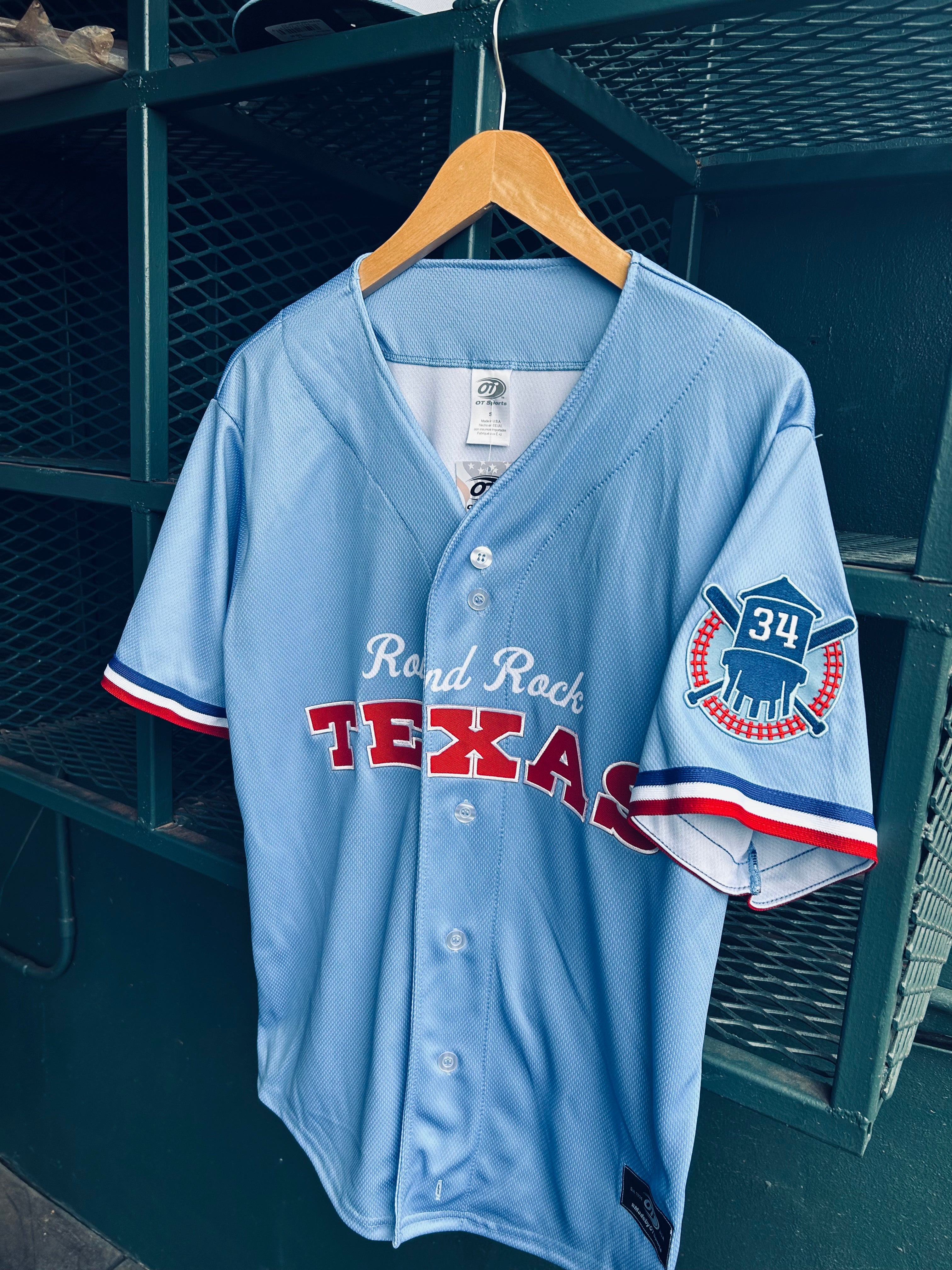 Round Rock Express Home Pinstripe Replica Tackle Twill Jersey L