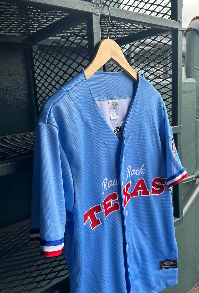 Round Rock Express Home Pinstripe Replica Tackle Twill Jersey L